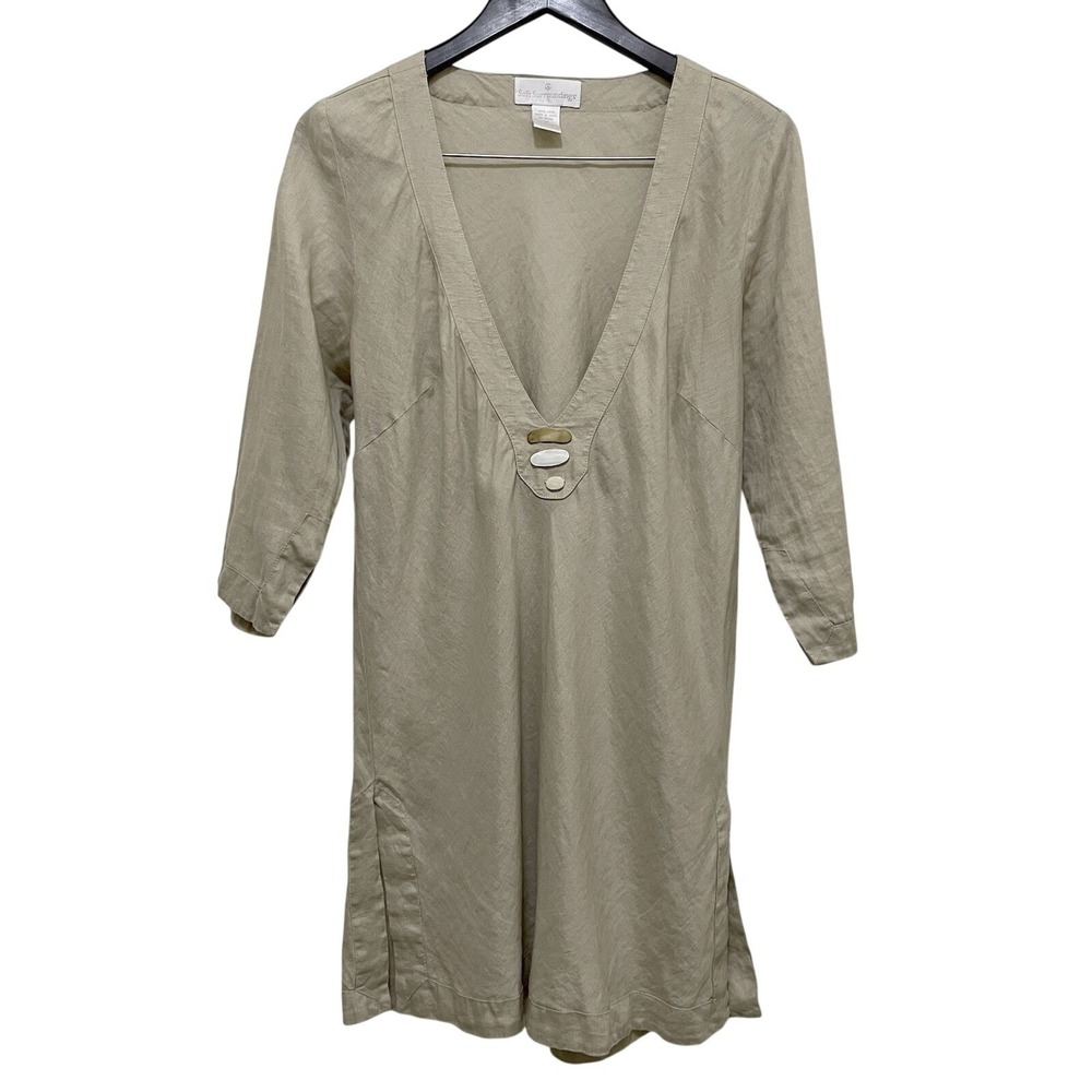 Soft Surroundings Linen‎ Tunic Top M Natural Stone Beads Boho Coastal Lagenlook
